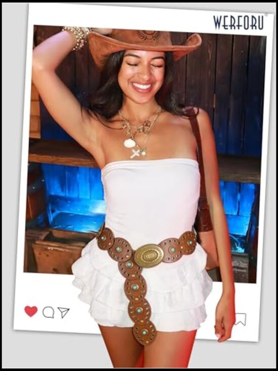 Women Western Belt with Turquoise Concho Disc Buckle Cowgirl Country Faux main image 4